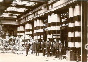 Staff standing outside the new main entrance to The Savoy, 1904